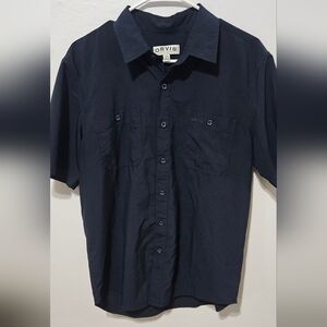 Orvis Men's Short Sleeve Navy Blue Woven Tech Button Down Shirt Sz Medium B10